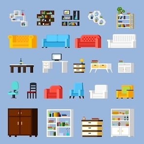 Icon set of different furniture elements for living room cabinet or hall orthogonal isolated vector illustration