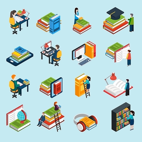 Isometric abstract library icons set of classic audio and electronic books with reading people isolated vector illustration