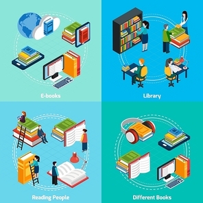 Isometric 2x2 compositions presenting classic library e-books reading people and different types of books vector illustration