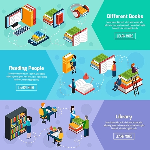 Library isometric horizontal banners with different books and reading people in fantasy style vector illustration