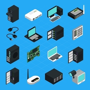 Icons set of different electronic equipment for data center server networking and computers security isometric isolated vector illustration