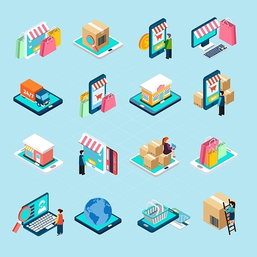 Mobile shopping with various related elements isometric isolated icons set on blue background vector illustration
