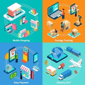 Mobile shopping delivery payment and tracking with related elements isometric 2x2 icons set