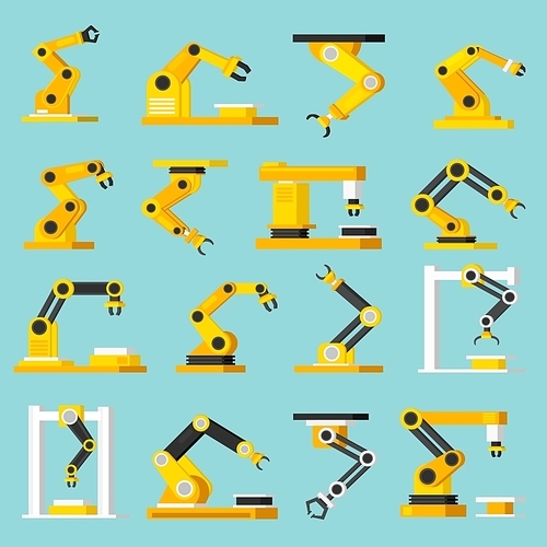 Industrial mechanical automation conveyor robotic hands for manufacture orthogonal flat isolated icons set on light blue background vector illustration