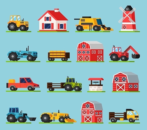 Farm orthogonal flat icons set with various kinds of transport mill house barns of different sizes and well on green grass isolated vector illustration