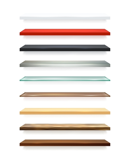 Realistic different colors wooden shelves set attached to the white wall and with shadows vector illustration
