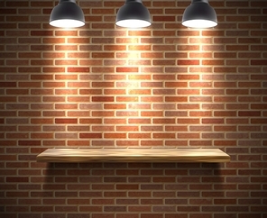 Realistic wooden empty shelf illustration on a brick wall under the spotlight with shadow vector illustration