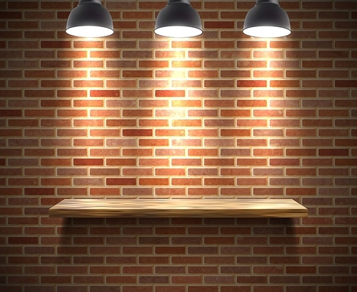 Realistic wooden empty shelf illustration on a brick wall under the spotlight with shadow vector illustration
