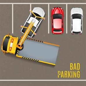 Bad Parking Top View Background. Tow Truck Vector Illustration. Bad Parking Cartoon Design. Tow Truck Working Decorative Symbols.