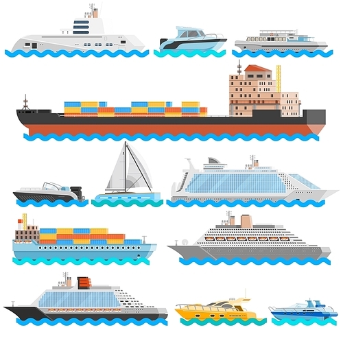 Water transport flat decorative icons set of dry cargo ships cruise liners yachts sailboats isolated vector illustration