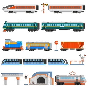 Rail transport flat colorful icons set of passenger and cargo wagons locomotives tram tunnel monorail isolated vector illustration