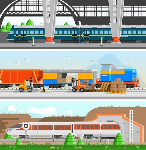 Rail transport horizontal flat banners with high speed passenger train railroad station and loading at railway transport compositions vector illustration
