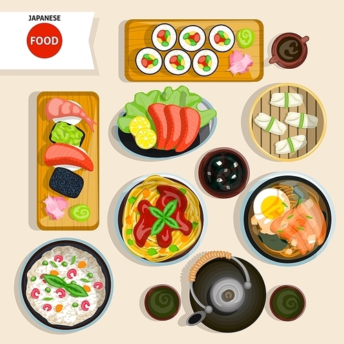 Japanese Food Top View Set. Japanese Food Vector Illustration. Japanese Food Cartoon Symbols. Japanese Food Design Set.  Japanese Food Isolated Set.