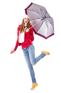 Young woman with umbrella on white