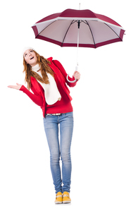 Young woman with umbrella on white