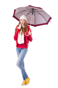 Young woman with umbrella on white