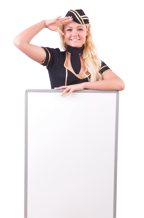 Stewardess with blank board on white