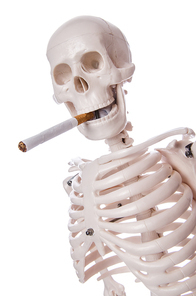 Skeleton smoking cigarette isolated on white