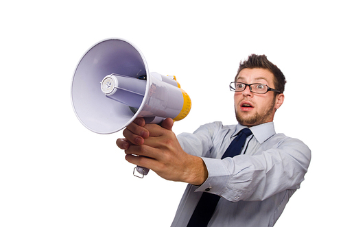 Young businessman with loudspeaker on white