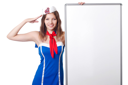 Young woman with blank board on white