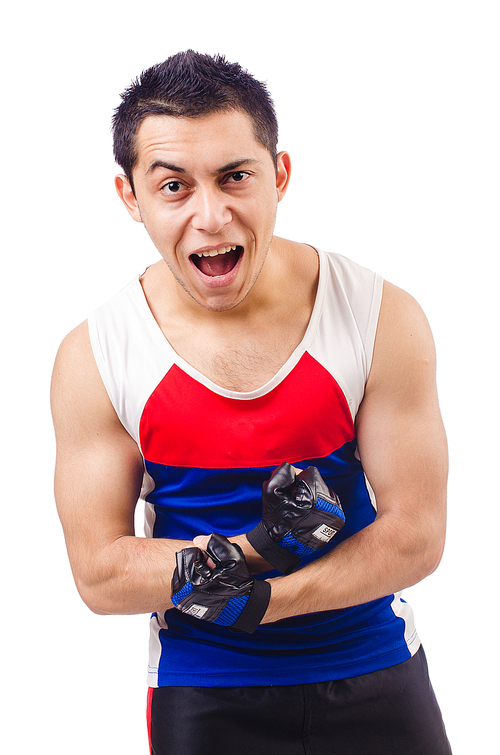 Funny man exercising on white