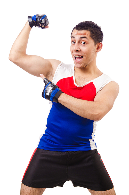 Funny man exercising on white