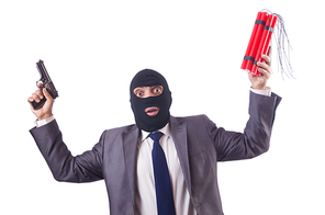 Terrorist with dynamite isolated on white