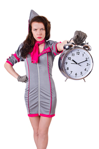 Woman with clock isolated on white