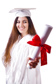 Graduate girl with diploma  isolated on white