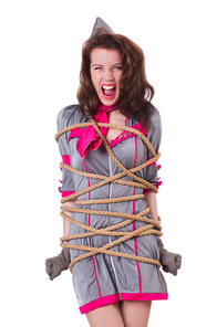 Female stewardess tied with rope