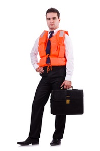 Businessman with rescue safety vest on white