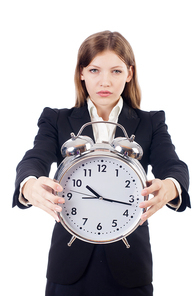 Businesswoman with clock isolated on white