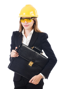 Pretty businesswoman with hard hat and portfolio  isolated on white