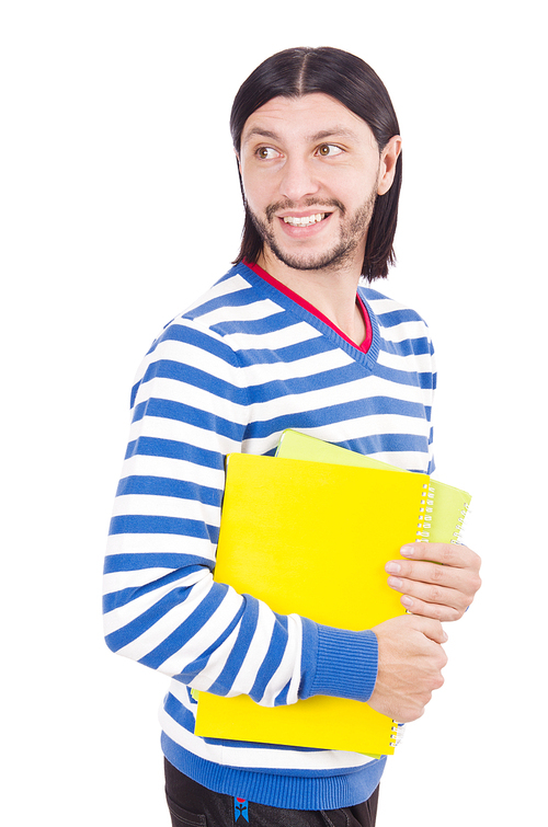 Funny student with books isolated on white