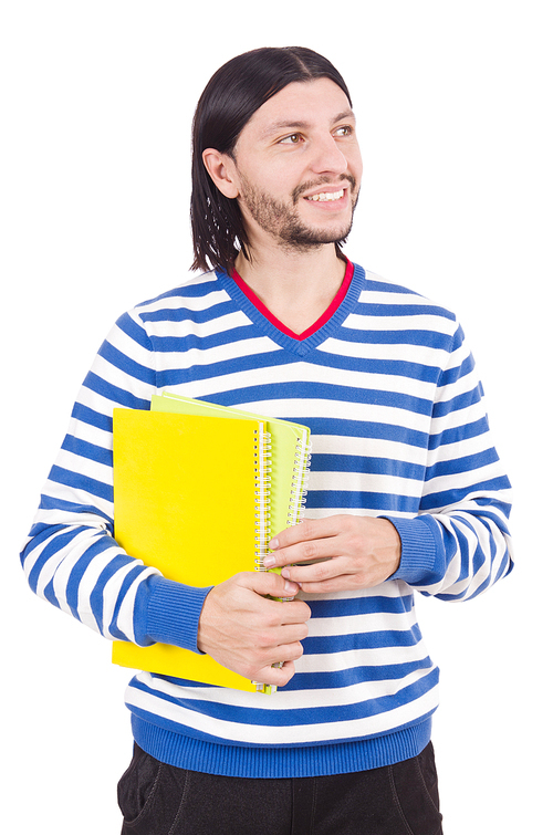 Funny student with books isolated on white