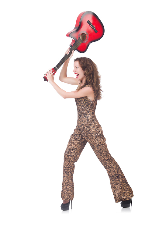 Woman in leopard clothing on white with guitar