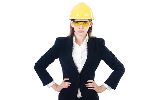 Young businesswoman with hard hat on white