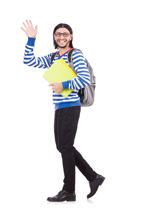 Student rushing to the lesson isolated on white