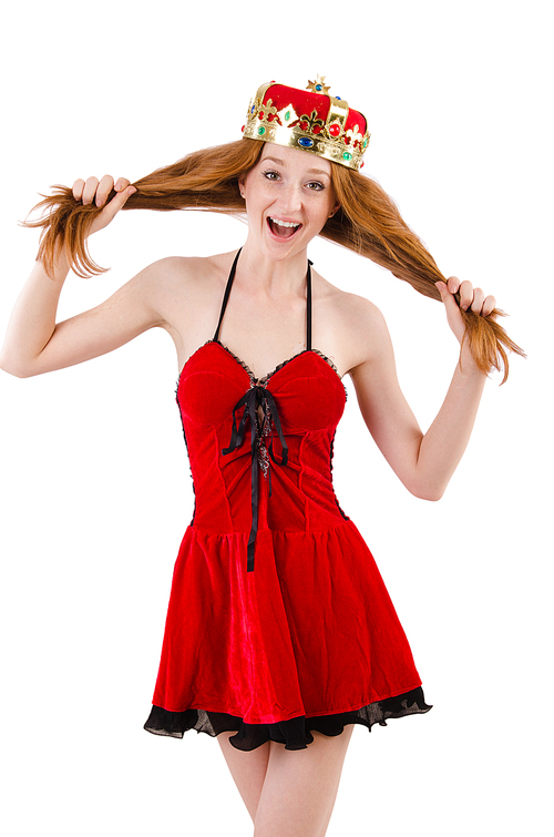 Redhead girl with crown n funny concept  isolated on white