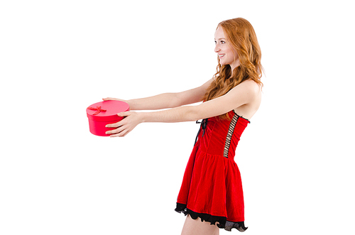 Pretty girl in red dress  with casket  isolated on white