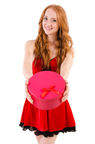 Pretty girl in red dress  with casket  isolated on white