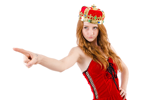 Redhead pretty  girl with crown pressing virtual buttons  isolated on white