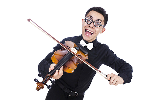 Funny man with violin on white