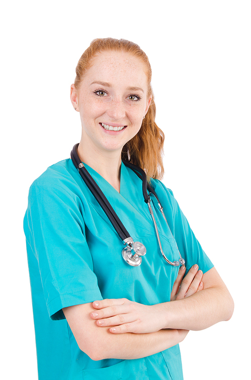 Young medical trainee with stethoscope  isolated on white