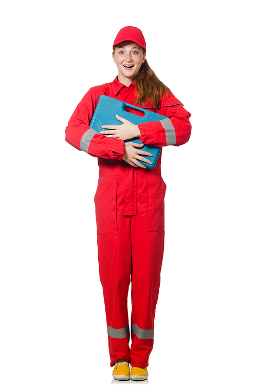 Woman construction worker in red coveralls on white