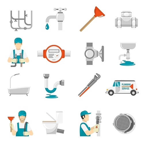 Plumbing Icons Set.Plumbing Vector Illustration.Plumbing Flat Symbols.Plumbing  Design Set. Plumbing Elements Collection.