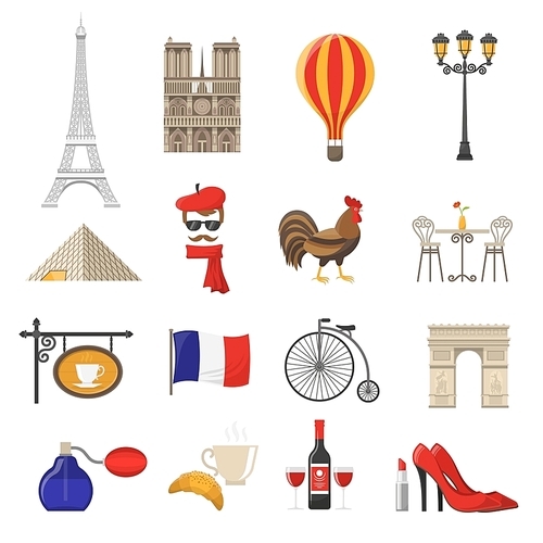 France Icons Set.France Vector Illustration.France Flat Symbols.Paris Design Set. Paris Elements Collection.