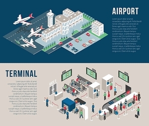Airport isometric horizontal banners with parking hotel waiting hall front desk police detectors passengers isolated vector illustration