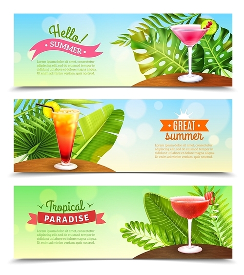 Tropical paradise summer vacation 3 horizontal bright sunny banners set with rum punch cocktails isolated vector illustration