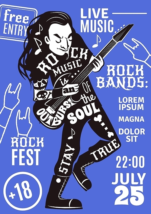 Rock band music night concert advertisement poster with date time and black performer figure abstract vector illustration